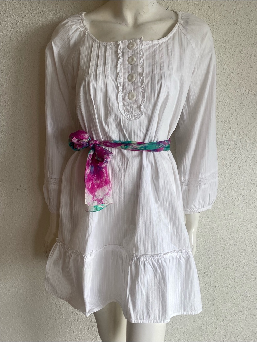 Boho White Cotton Peasant Dress Ruffled Hem Mini M Ren-Fair